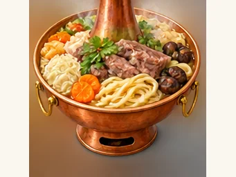 Huangzhong layered hotpot · 湟中暖锅 · AI dish illustration
