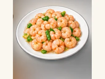 Stir-fried freshwater shrimp · 炒青虾仁 · AI dish illustration