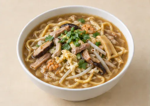 Zhangzhou Thick-Broth Noodles (卤面): Yellow noodles in glossy amber egg-streaked gravy distinguish the dish from dry noodles or clear rice soup. AI dish illustration.