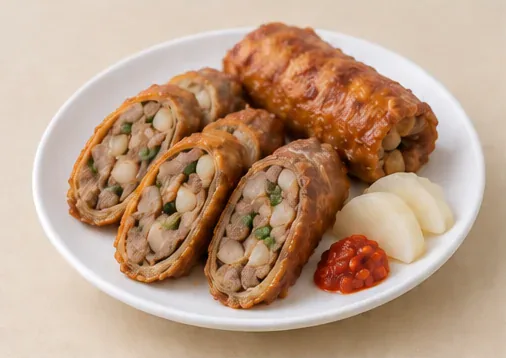 Xiamen Five-Spice Pork Rolls (五香条): Cut coarse filling and a thin browned tofu-skin exterior distinguish it from a wheat-wrapper spring roll. AI dish illustration.