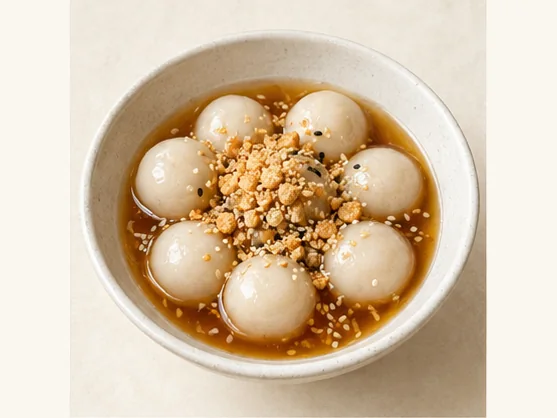 Cantonese sweet rice dumplings with peanuts · 糖不甩 · AI dish illustration