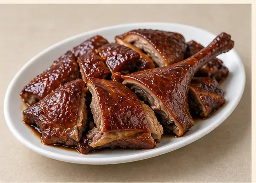 Spiced Pressed Duck (酱板鸭): Flattened chopped bone-in duck portions with deep brown-red spiced skin and a thin glossy glaze. AI dish illustration; not a restaurant photograph.