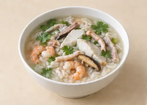 Zhao'an Seafood Rice Soup (诏安猫仔粥): Separate white grains in clear broth distinguish the dish from thick congee. AI dish illustration.