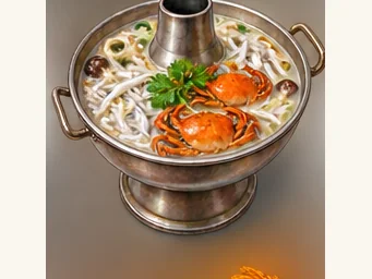 Whitebait and crab hotpot · 银鱼紫蟹火锅 · AI dish illustration