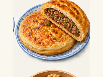 Crisp layered beef pancake · 香酥牛肉饼 · AI dish illustration