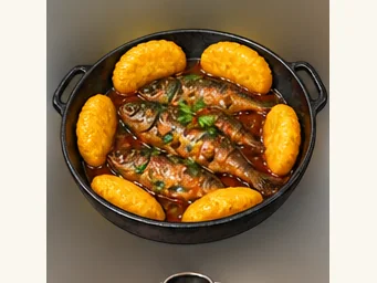 Cornbread with braised small fish · 贴饽饽熬小鱼 · AI dish illustration