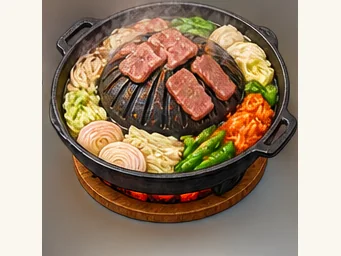 Qitaihe domed-griddle barbecue · 七台河龟锅 · AI dish illustration