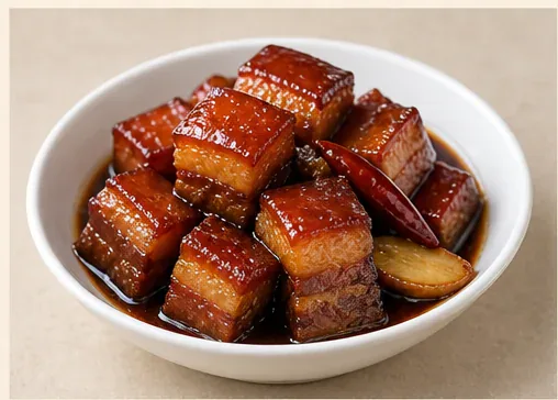 Mao-Style Red-Braised Pork (毛氏红烧肉): Glossy caramel-brown pork-belly cubes show distinct fat and meat layers, with restrained dried chilli and ginger. AI dish illustration; not a restaurant photograph.