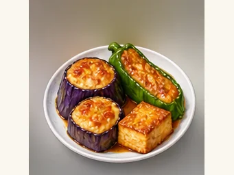 Stuffed three treasures · 煎酿三宝 · AI dish illustration