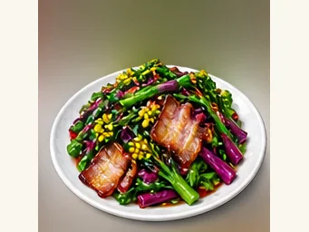 Cured pork with flowering greens · 腊肉炒菜薹 · AI dish illustration