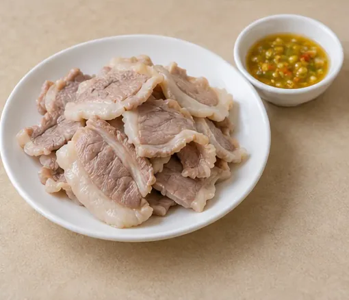 Yong'an Huorou Pork (永安活肉): Plain cooked beige pork facial-muscle slices with narrow pale fatty edges, beside a small yellow-chilli dipping dish. AI dish illustration; not a restaurant photograph.