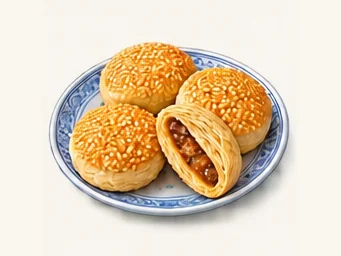 Crab-shell-shaped sesame pastries · 蟹壳黄 · AI dish illustration