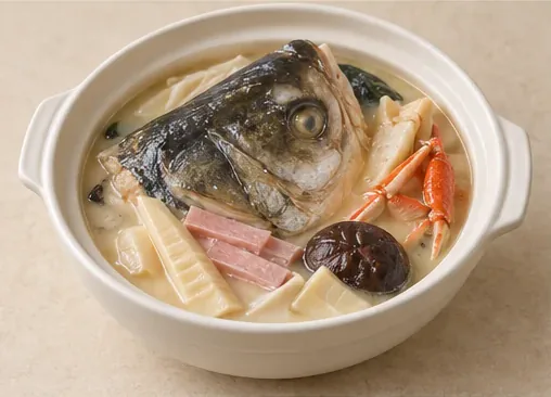 砂锅糟香鱼头 · Fish-Head Casserole with Wine-Lees Broth · AI dish illustration