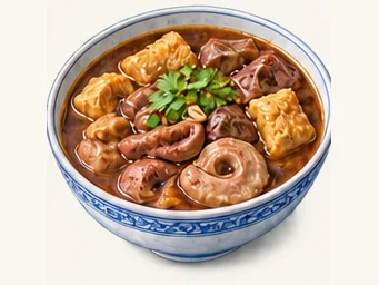 Luzhu bread-and-offal stew · 卤煮火烧 · AI dish illustration