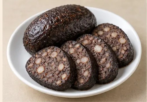 Smoked Pork-Blood and Tofu Cakes (猪血丸子): Dark smoked oval cake beside cooked slices with pale tofu and pork flecks, without an egg core or liquid blood. AI dish illustration; not a restaurant photograph.
