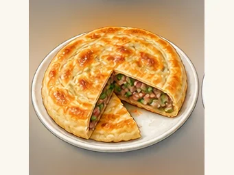 Niuzhuang stuffed pancakes · 牛庄馅饼 · AI dish illustration