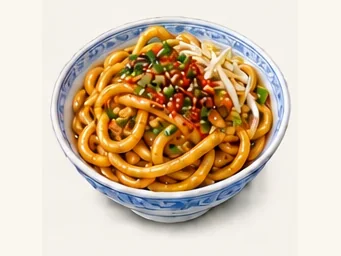Fuyang thick mixed noodles · 阜阳格拉条 · AI dish illustration