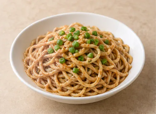 Shaxian Noodles with Peanut Sauce (沙县拌面): Drained fine wheat noodles with tan sauce and scallions identify the chosen peanut-sauce version. AI dish illustration.