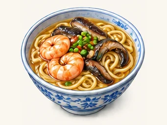 Shrimp and eel noodles · 虾爆鳝面 · AI dish illustration