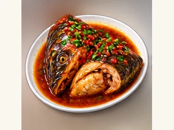 Xinyang braised fish head · 信阳红焖鱼头 · AI dish illustration