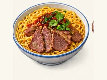 Dunhuang donkey-meat yellow noodles · 敦煌驴肉黄面 · AI dish illustration