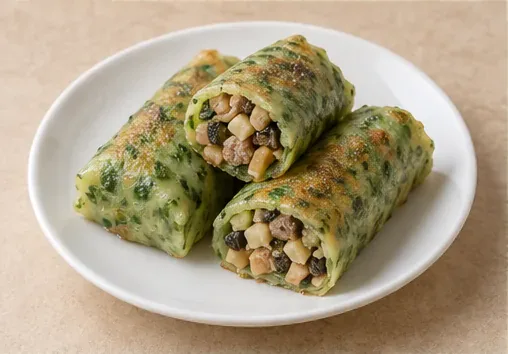 Taining Jade-Green Rolls (泰宁碧玉卷): A soft green crepe cylinder with a cut end exposes the source-described chopped filling. AI dish illustration.