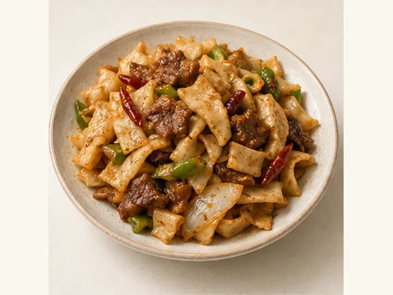 Ningxia stir-braised flatbread strips · 宁夏炒糊饽 · AI dish illustration