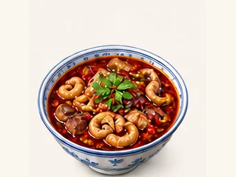 Jinsha riverside offal stew · 江边辣 · AI dish illustration