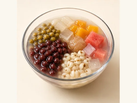 Zhangzhou four-fruit dessert soup · 漳州四果汤 · AI dish illustration