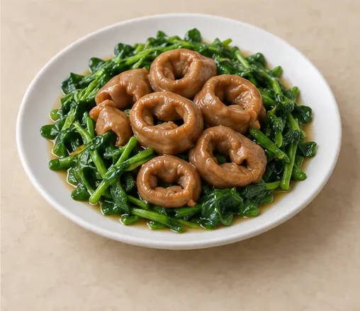 草头圈子 · Alfalfa Greens with Pork Intestines · AI dish illustration
