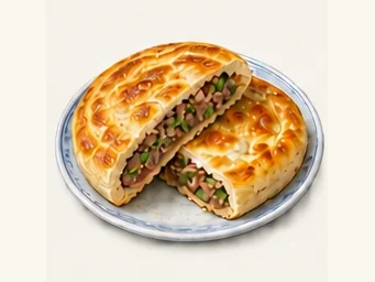 Bozhou beef-filled flatbread · 亳州牛肉馍 · AI dish illustration