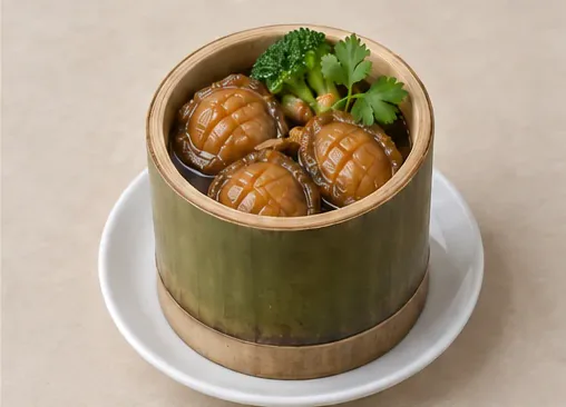 Bamboo-Scented Nanri Abalone (竹香南日鲍): Crosshatched shelled abalone in glossy brown sauce inside a bamboo cup, with broccoli and coriander. AI dish illustration; not a restaurant photograph.