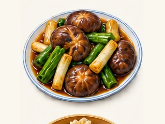 Wutai mushrooms with scallions · 葱烧台蘑 · AI dish illustration