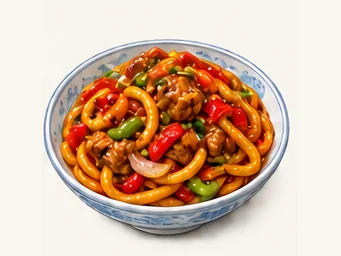 Xinjiang spicy fried rice noodles · 新疆炒米粉 · AI dish illustration