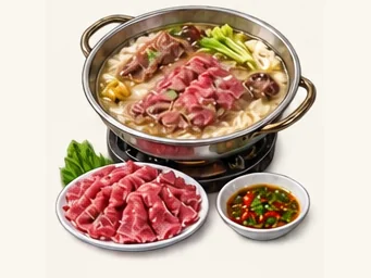Xiangou beef hotpot · 仙沟牛肉火锅 · AI dish illustration