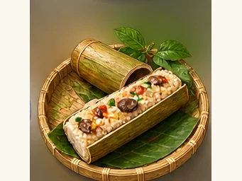 Longsheng bamboo rice · 龙胜竹筒饭 · AI dish illustration