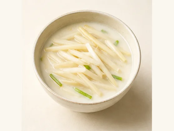 Jinan cattail shoots in white broth · 济南奶汤蒲菜 · AI dish illustration