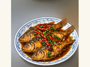 Quanzhou braised rice-field fish · 全州黄焖禾花鱼 · AI dish illustration