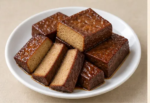 Wugang Spiced Braised Tofu (武冈卤豆腐): Dense brown braised tofu blocks and thick slices with darker exterior, lighter soy interior and modest sheen. AI dish illustration; not a restaurant photograph.