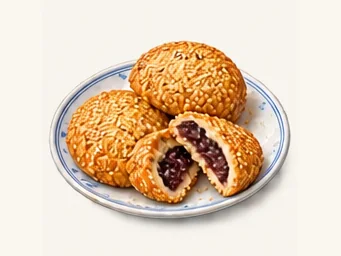 Bean-filled sesame pastries · 蛤蟆吐蜜 · AI dish illustration