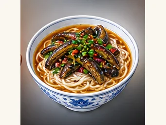 Tianmen eel rice noodles · 天门鳝鱼米粉 · AI dish illustration
