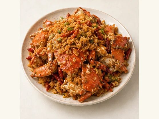 Hong Kong typhoon-shelter crab · 避风塘炒蟹 · AI dish illustration