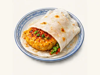 Zhaotong rice-cake and fritter wrap · 昭通油糕饵块 · AI dish illustration