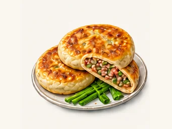 Dunhuang sand-chive beef pie · 沙葱牛肉饼 · AI dish illustration