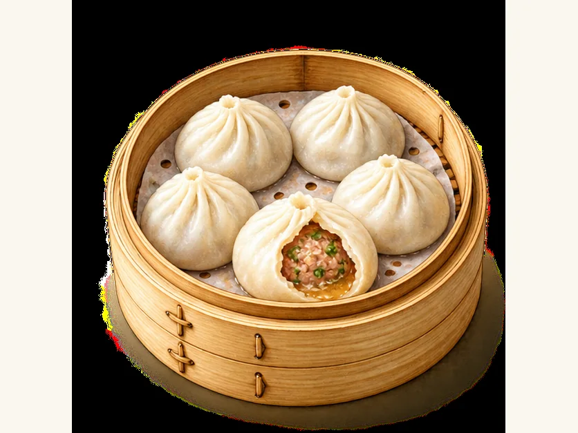 Hangzhou small steamed pork buns · 杭州小笼包 · AI dish illustration