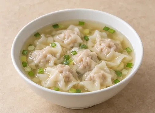Shaxian Pork Wontons (沙县扁肉): Small gathered thin white wrappers and clear stock distinguish bian rou from large crescent dumplings. AI dish illustration.