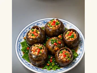 Yangshuo stuffed river snails · 阳朔酿田螺 · AI dish illustration