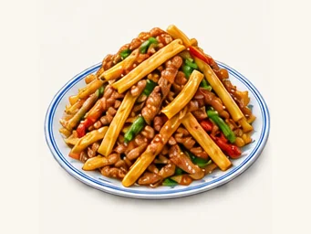 Chengde shredded pork with bamboo shoots · 改刀肉 · AI dish illustration