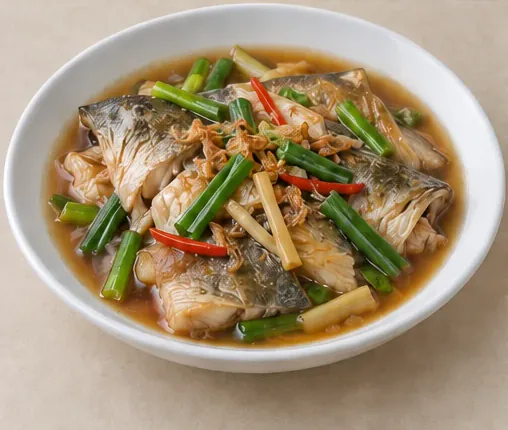 Seafood in Light Soy Broth (海鲜酱油水): Cooked skin-on sea-fish portions in translucent light brown soy broth with ginger, green garlic, chilli and shallot. AI dish illustration; not a restaurant photograph.