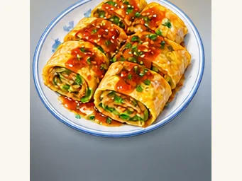 Griddled noodle-sheet rolls · 烤冷面 · AI dish illustration